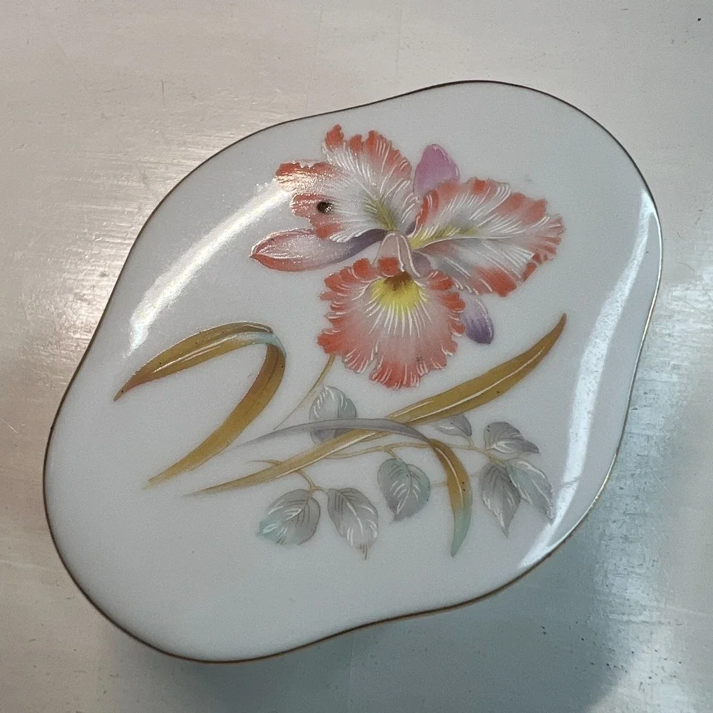 Vintage Otagiri Japan Porcelain Vanity Set Vase Trinket Box Dish Hand Painted